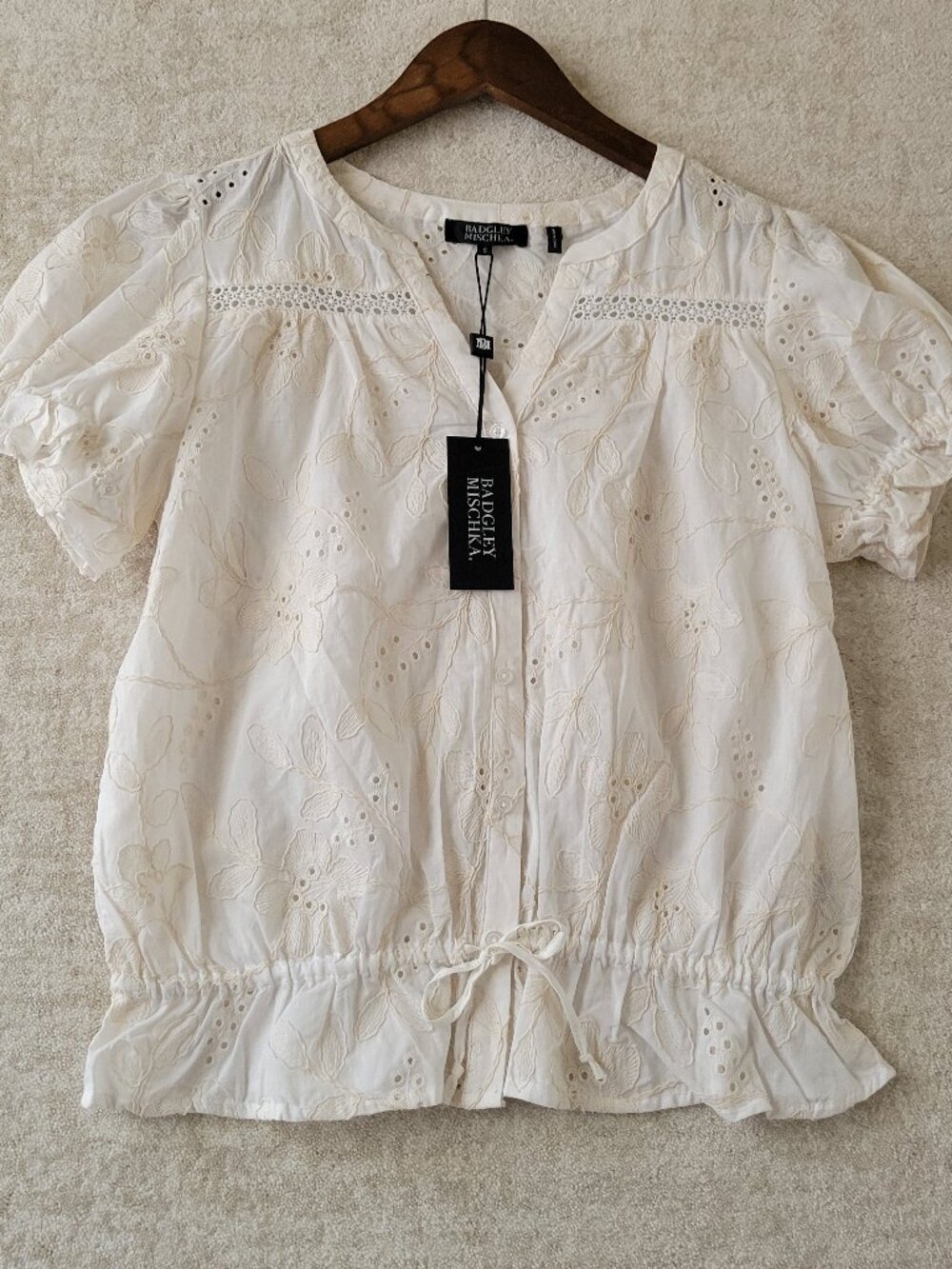Badgley Mischka White Eyelet Embroidered Peasant Blouse Puff Sleeve Top Small